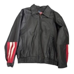 Leather Jacket Men's XL Black Motorcycle Jacket USA American Eagle Flag Patch‎